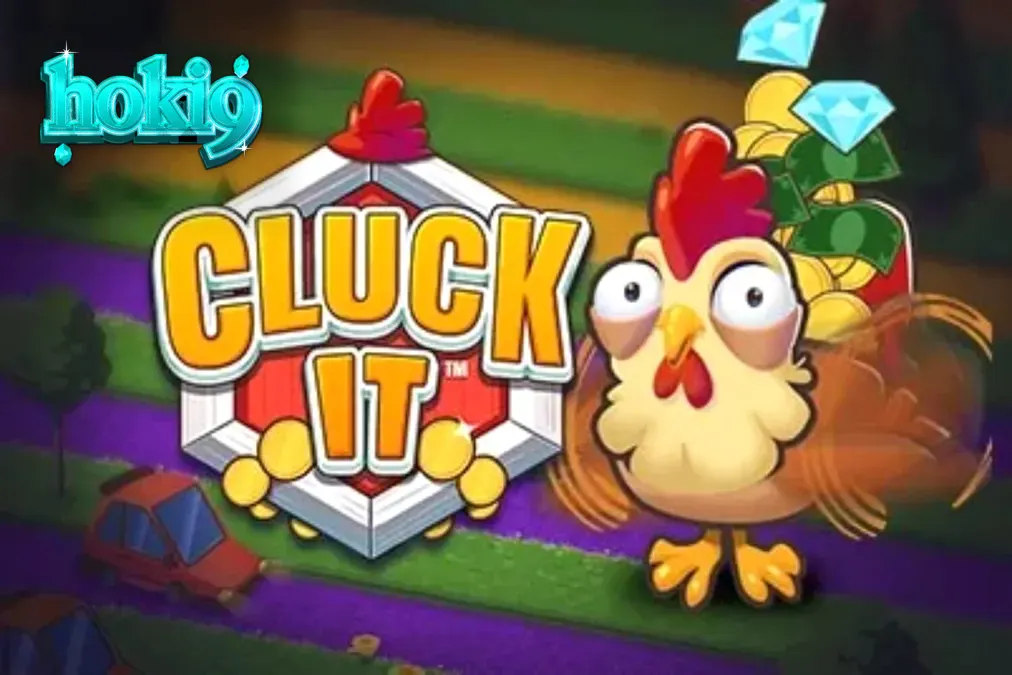 Tampilan antarmuka permainan Cluck It dengan karakter ayam di latar belakang pertanian.